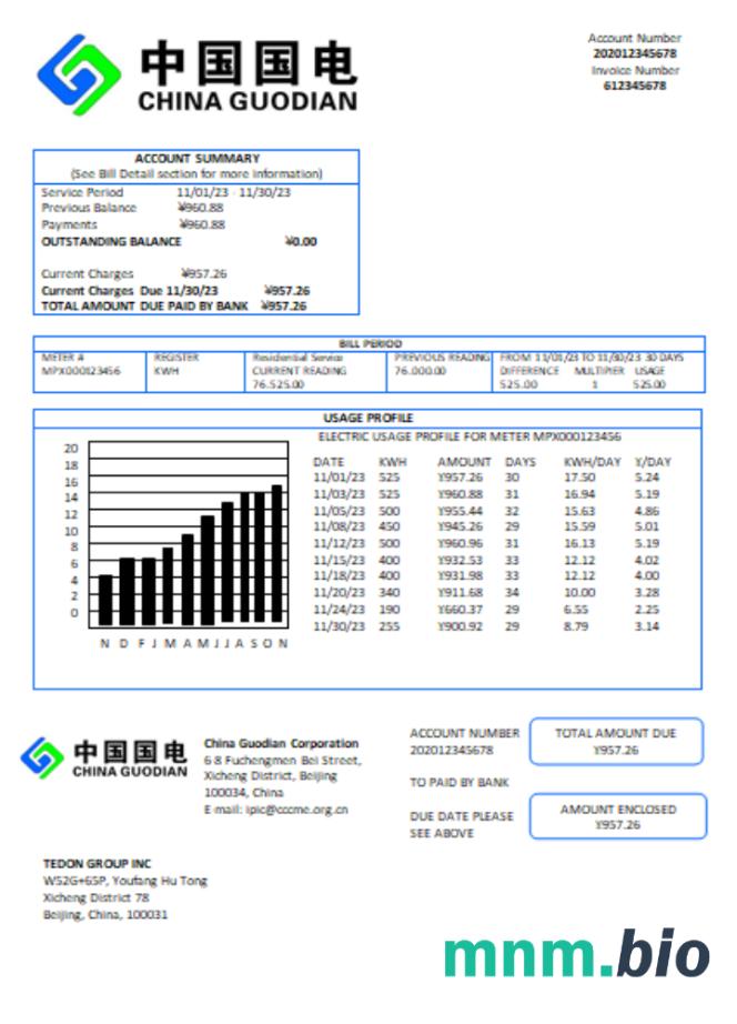 China Guodian Corporation electricity rachunek za usługi komunalne